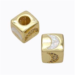 Copper Cube Beads Pave Zirconia Fire Opal Moon Large Hole 18K Gold Plated, approx 10x10mm, 5mm hole [FN45115]