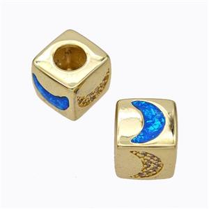 Copper Cube Beads Pave Zirconia Fire Opal Moon Large Hole 18K Gold Plated, approx 10x10mm, 5mm hole [FN45116]