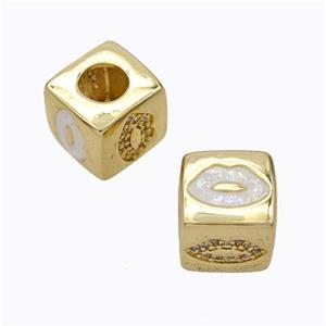 Copper Cube Beads Pave Zirconia Fire Opal Lips Large Hole 18K Gold Plated, approx 10x10mm, 5mm hole [FN45117]