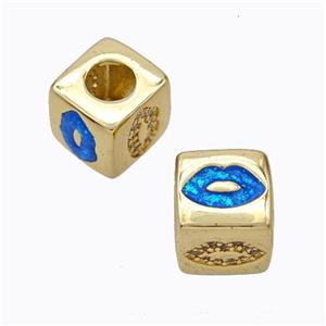 Copper Cube Beads Pave Zirconia Fire Opal Lips Large Hole 18K Gold Plated, approx 10x10mm, 5mm hole [FN45118]