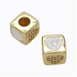 Copper Cube Beads Pave Zirconia Fire Opal Heart Large Hole 18K Gold Plated, approx 10x10mm, 5mm hole [FN45119]