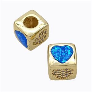 Copper Cube Beads Pave Zirconia Fire Opal Heart Large Hole 18K Gold Plated, approx 10x10mm, 5mm hole [FN45120]