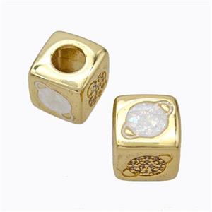 Copper Cube Beads Pave Zirconia Fire Opal Planet Large Hole 18K Gold Plated, approx 10x10mm, 5mm hole [FN45121]