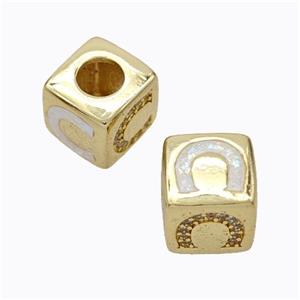 Copper Cube Beads Pave Zirconia Fire Opal Horseshoe Large Hole 18K Gold Plated, approx 10x10mm, 5mm hole [FN45129]