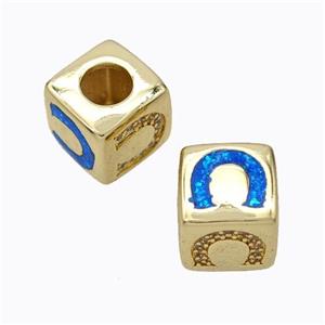 Copper Cube Beads Pave Zirconia Fire Opal Horseshoe Large Hole 18K Gold Plated, approx 10x10mm, 5mm hole [FN45130]