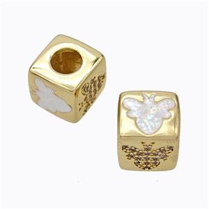 Copper Cube Beads Pave Zirconia Fire Opal Honeybee Large Hole 18K Gold Plated, approx 10x10mm, 5mm hole [FN45131]