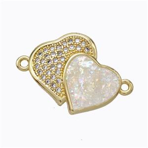 Copper Heart Connector Micropave Zirconia White Fire Opal Double 18K Gold Plated, approx 16-19mm [FN45133]