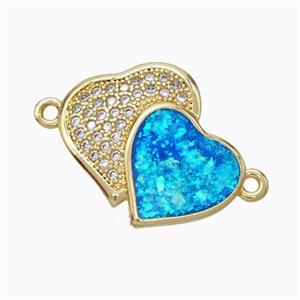 Copper Heart Connector Micropave Zirconia Blue Fire Opal Double 18K Gold Plated, approx 16-19mm [FN45134]
