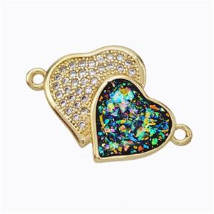 Copper Heart Connector Micropave Zirconia Multicolor Fire Opal Double 18K Gold Plated, approx 16-19mm [FN45135]