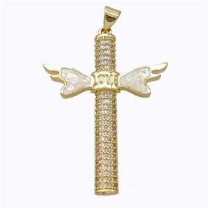 Copper Cross Pendant Micropave Zirconia Fire Opal LOVE Angelwings 18K Gold Plated, approx 28-37mm [FN45139]