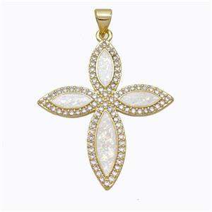 Copper Cross Pendant Micropave Zirconia White Fire Opal 18K Gold Plated, approx 28-33mm [FN45141]