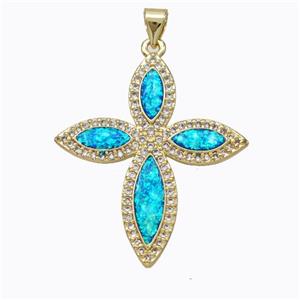 Copper Cross Pendant Micropave Zirconia Blue Fire Opal 18K Gold Plated, approx 28-33mm [FN45142]