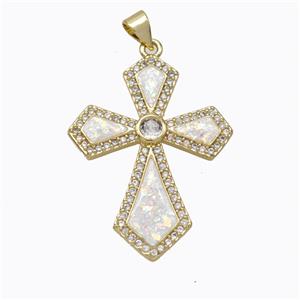 Copper Cross Pendant Micropave Zirconia White Fire Opal 18K Gold Plated, approx 25-33mm [FN45143]