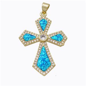Copper Cross Pendant Micropave Zirconia Blue Fire Opal 18K Gold Plated, approx 25-33mm [FN45144]
