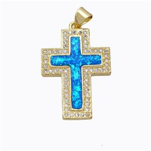 Copper Cross Pendant Micropave Zirconia Blue Fire Opal 18K Gold Plated, approx 19-25mm [FN45146]