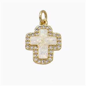 Copper Cross Pendant Micropave Zirconia White Fire Opal 18K Gold Plated, approx 12-14mm [FN45148]