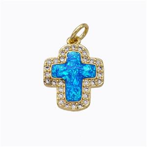 Copper Cross Pendant Micropave Zirconia Blue Fire Opal 18K Gold Plated, approx 12-14mm [FN45149]