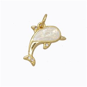 Copper Dolphin Pendant Micropave Zirconia White Fire Opal 18K Gold Plated, approx 12-14mm [FN45151]