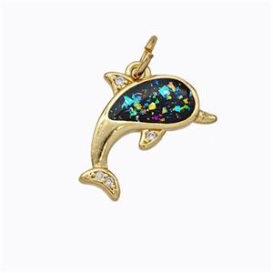 Copper Dolphin Pendant Micropave Zirconia Multicolor Fire Opal 18K Gold Plated, approx 12-14mm [FN45153]