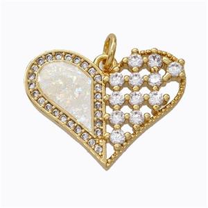 Copper Heart Pendant Micropave Zirconia White Fire Opal 18K Gold Plated, approx 16-21mm [FN45154]