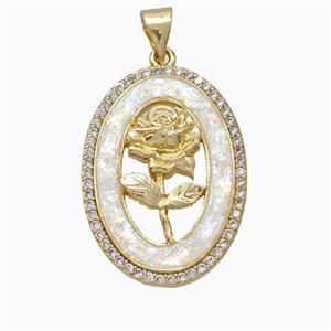 Copper Flower Pendant Micropave Zirconia White Fire Opal Oval 18K Gold Plated, approx 18-25mm [FN45157]