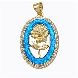 Copper Flower Pendant Micropave Zirconia Blue Fire Opal Oval 18K Gold Plated, approx 18-25mm [FN45158]