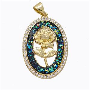 Copper Flower Pendant Micropave Zirconia Multicolor Fire Opal Oval 18K Gold Plated, approx 18-25mm [FN45159]