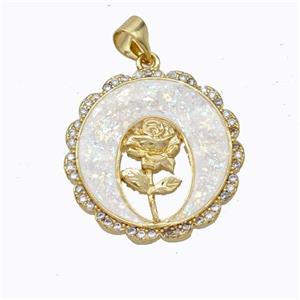 Copper Flower Pendant Micropave Zirconia White Fire Opal Circle 18K Gold Plated, approx 21mm [FN45160]