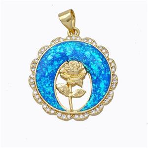 Copper Flower Pendant Micropave Zirconia Blue Fire Opal Circle 18K Gold Plated, approx 21mm [FN45161]