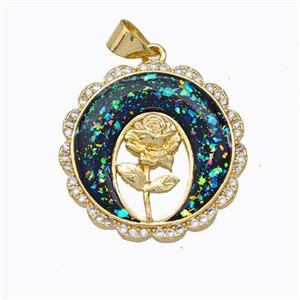Copper Flower Pendant Micropave Zirconia Multicolor Fire Opal Circle 18K Gold Plated, approx 21mm [FN45162]