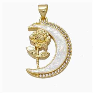 Copper Flower Pendant Micropave Zirconia White Fire Opal Moon 18K Gold Plated, approx 17-22mm [FN45163]
