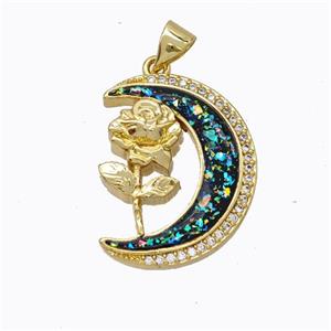 Copper Flower Pendant Micropave Zirconia Multicolor Fire Opal Moon 18K Gold Plated, approx 17-22mm [FN45165]