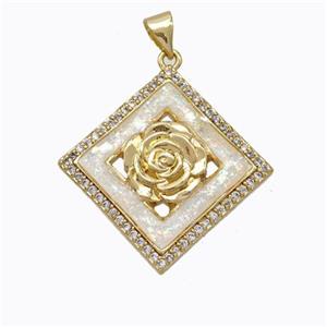 Copper Flower Pendant Micropave Zirconia White Fire Opal Square 18K Gold Plated, approx 20x20mm [FN45166]