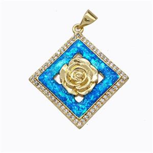 Copper Flower Pendant Micropave Zirconia Blue Fire Opal Square 18K Gold Plated, approx 20x20mm [FN45167]