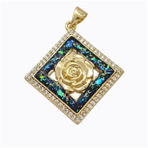 Copper Flower Pendant Micropave Zirconia Multicolor Fire Opal Square 18K Gold Plated, approx 20x20mm [FN45168]