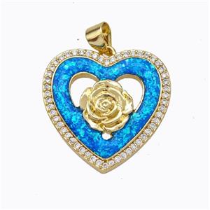 Copper Heart Pendant Micropave Zirconia Blue Fire Opal Flower 18K Gold Plated, approx 22mm [FN45170]