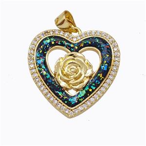 Copper Heart Pendant Micropave Zirconia Multicolor Fire Opal Flower 18K Gold Plated, approx 22mm [FN45171]