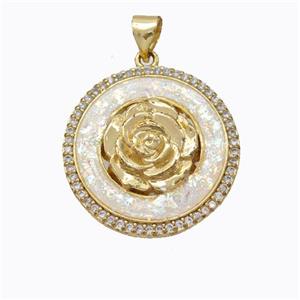Copper Flower Pendant Micropave Zirconia White Fire Opal Circle 18K Gold Plated, approx 22mm [FN45172]