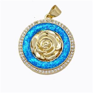 Copper Flower Pendant Micropave Zirconia Blue Fire Opal Circle 18K Gold Plated, approx 22mm [FN45173]