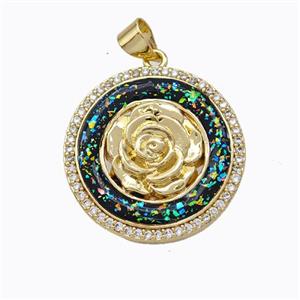 Copper Flower Pendant Micropave Zirconia Multicolor Fire Opal Circle 18K Gold Plated, approx 22mm [FN45174]