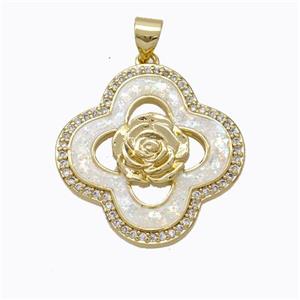 Copper Clover Pendant Micropave Zirconia White Fire Opal Flower 18K Gold Plated, approx 24mm [FN45175]