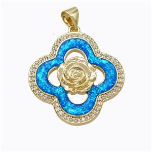 Copper Clover Pendant Micropave Zirconia Blue Fire Opal Flower 18K Gold Plated, approx 24mm [FN45176]