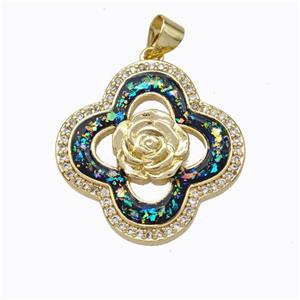 Copper Clover Pendant Micropave Zirconia Multicolor Fire Opal Flower 18K Gold Plated, approx 24mm [FN45177]
