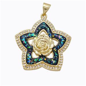 Copper Flower Pendant Micropave Zirconia Multicolor Fire Opal 18K Gold Plated, approx 25mm [FN45180]