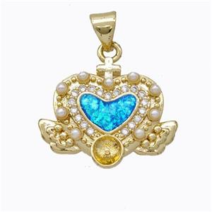 Copper Heart Pendant Micropave Zirconia Heart Fire Opal Angelwings 18K Gold Plated, approx 17-20mm [FN45182]