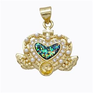 Copper Heart Pendant Micropave Zirconia Multicolor Fire Opal Angelwings 18K Gold Plated, approx 17-20mm [FN45183]