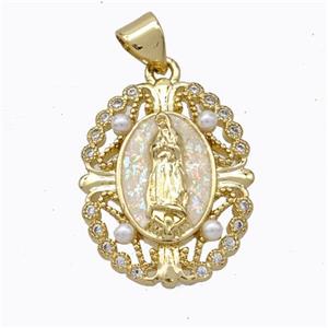 Virgin Mary Charms Copper Pendant Pave White Fire Opal 18K Gold Plated, approx 17-20mm [FN45184]