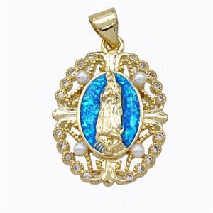 Virgin Mary Charms Copper Pendant Pave Blue Fire Opal 18K Gold Plated, approx 17-20mm [FN45185]