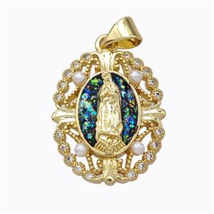 Virgin Mary Charms Copper Pendant Pave Multicolor Fire Opal 18K Gold Plated, approx 17-20mm [FN45186]
