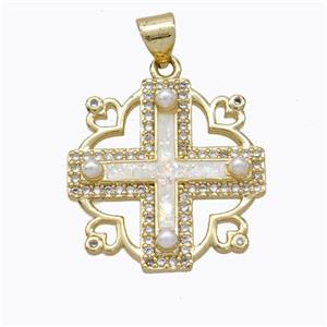 Copper Cross Pendant Pave White Fire Opal 18K Gold Plated, approx 20mm [FN45187]